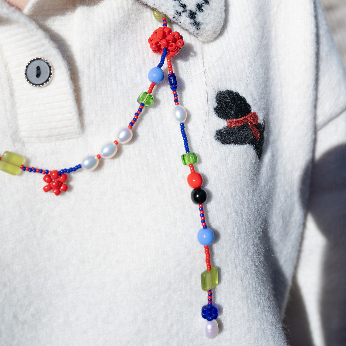 Beaded Red Daisy Long Necklace
