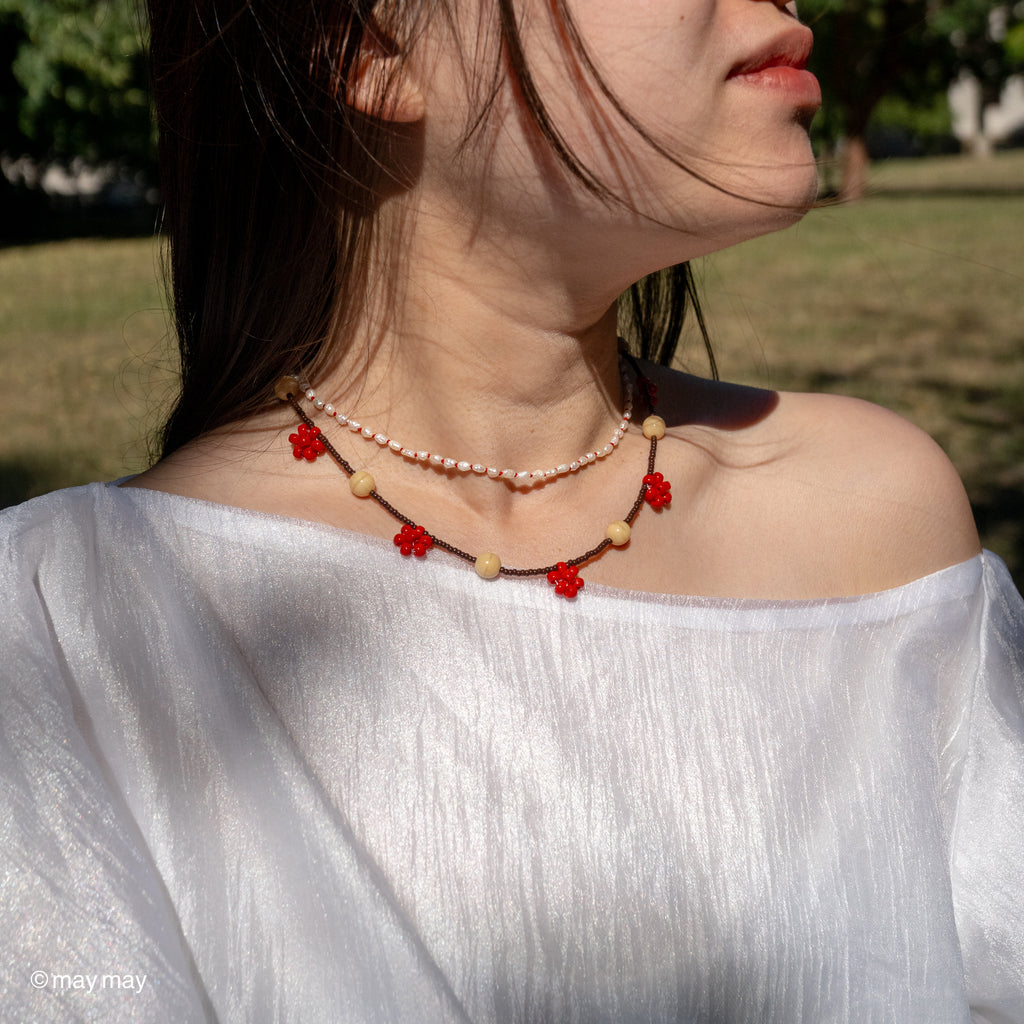 Red Silk Keshi Pearl Necklace