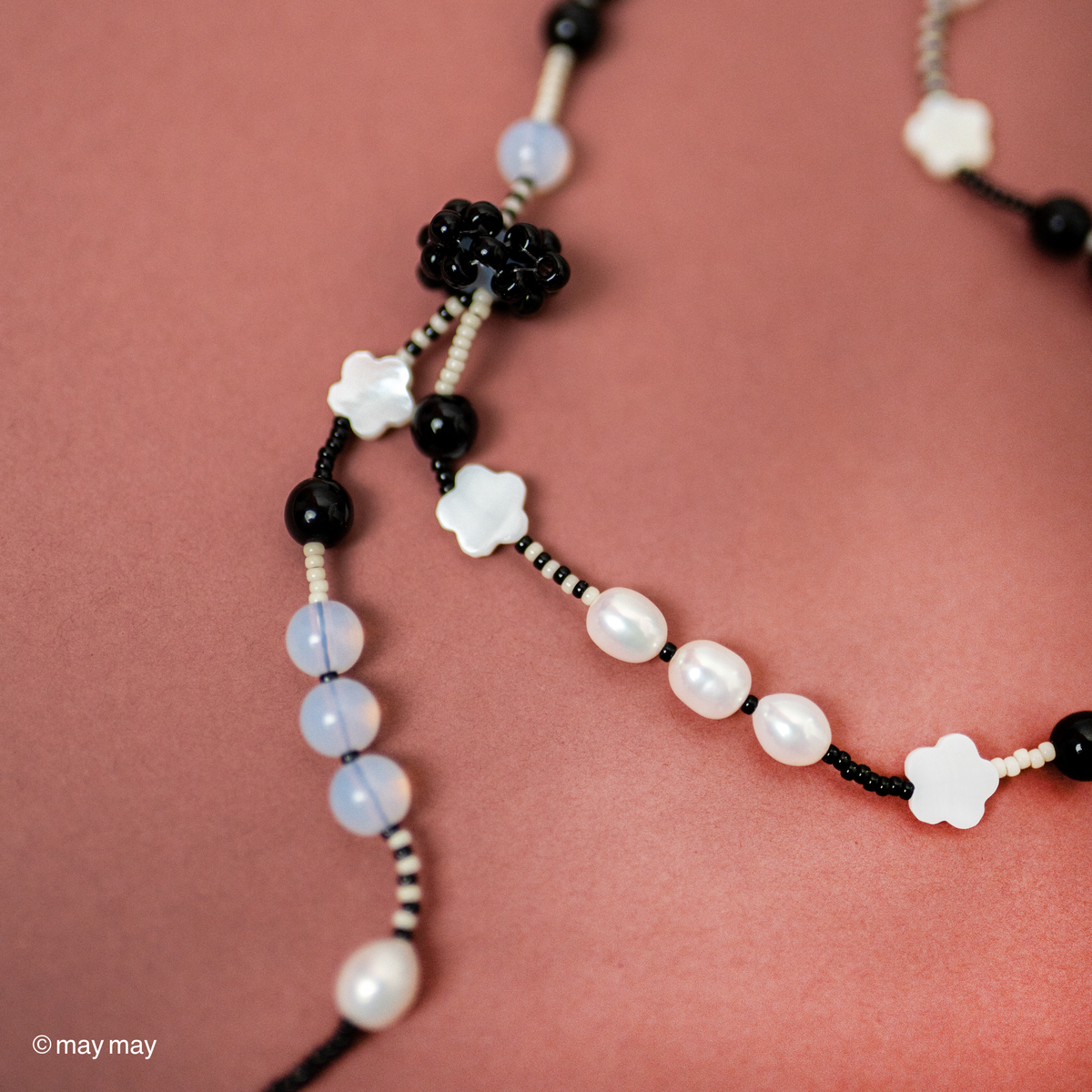 Beaded Black Daisy Long Necklace