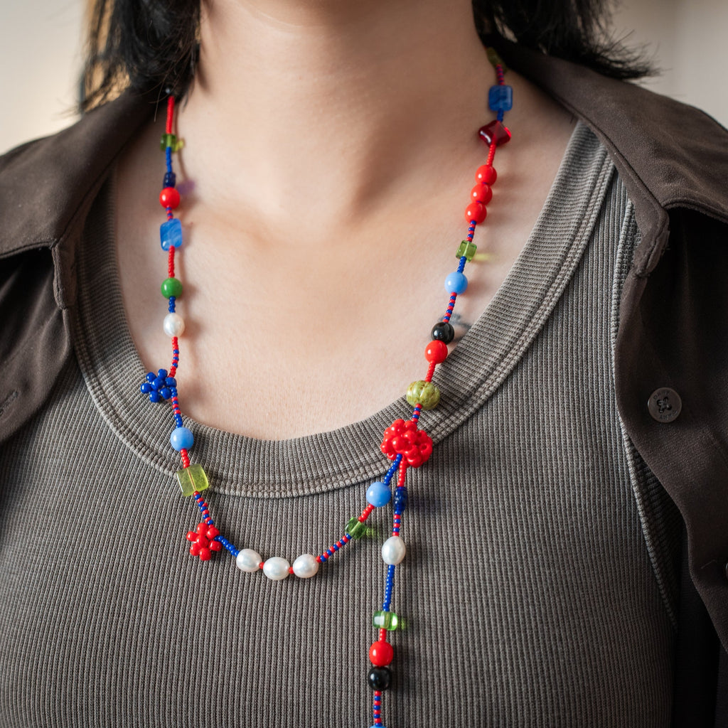 Beaded Red Daisy Long Necklace